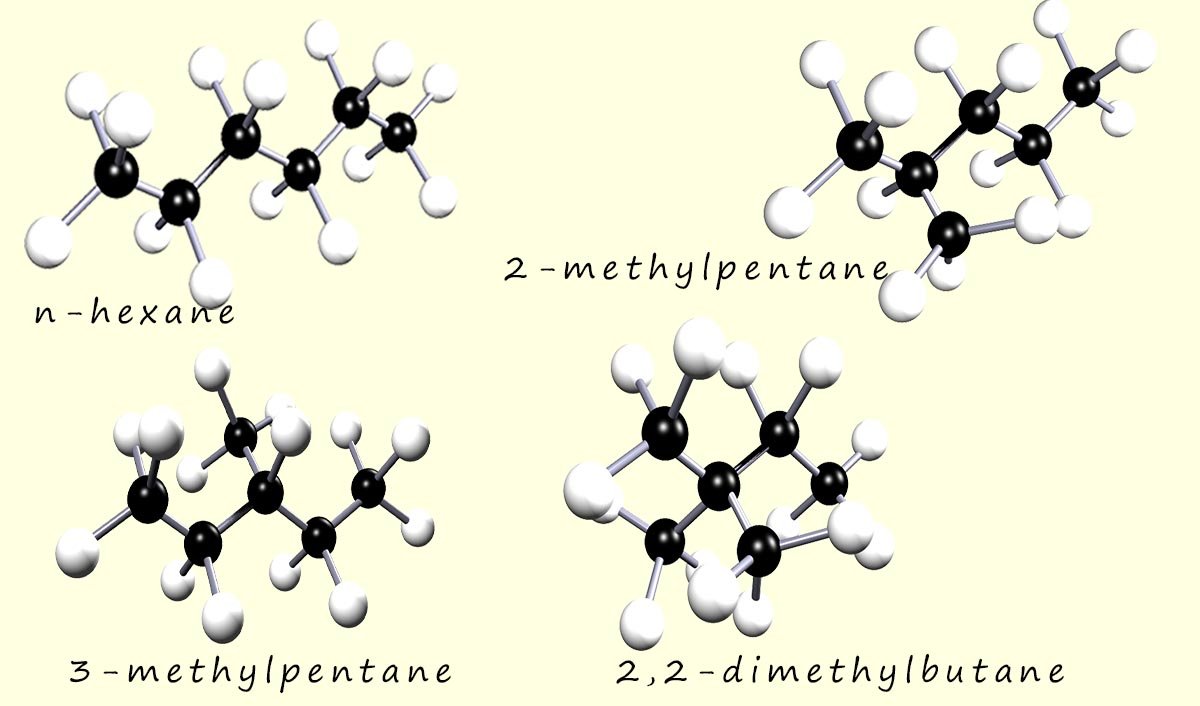 3d models of the chain isomers of hexane